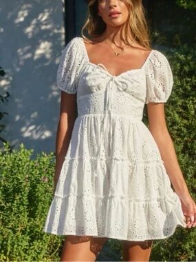 Aqua White Eyelet Puff-Sleeve Mini Dress